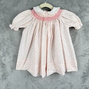 Polly Flinders Dress Girls 2T Pink Floral Hand Smocked Eyelet Collar 80s VTG